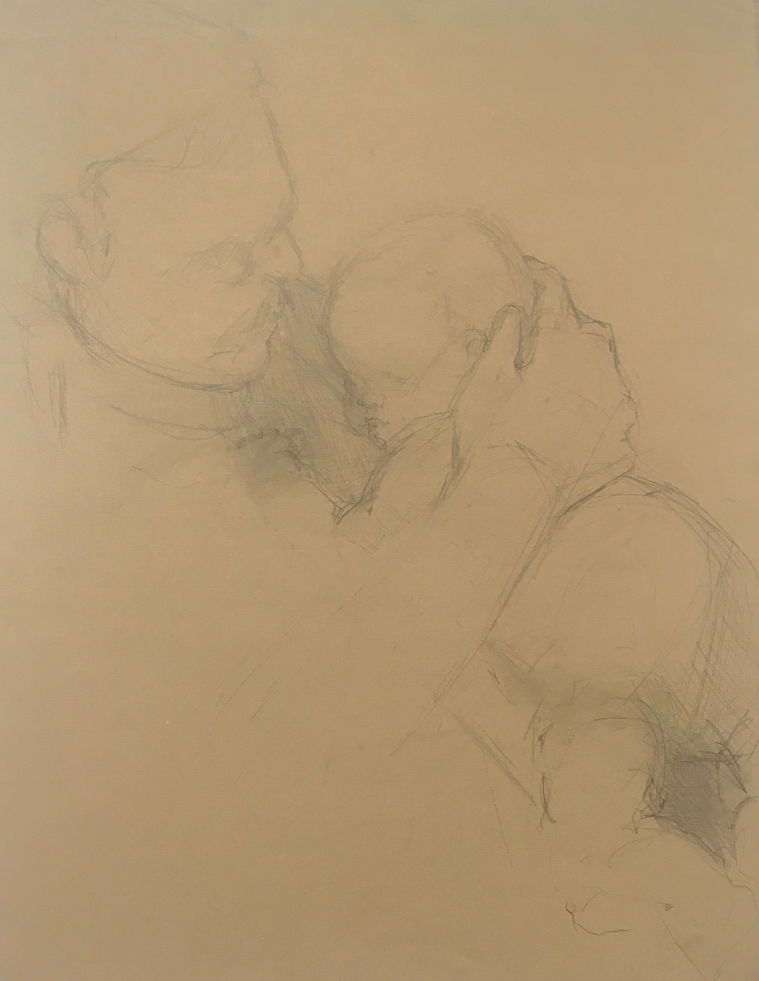 graphite drawing of dad holding a baby on brown paper